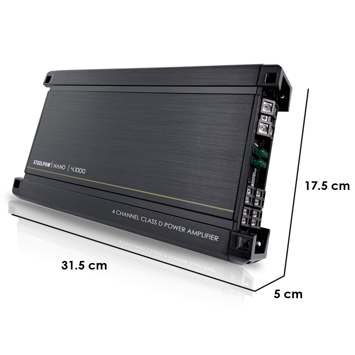 Amplificador Nano 4.1000 4 Canales Steelpro , para Bocinas/Medios Rangos , Full Range 4/2 Ohms Estable, Alto Rendimiento Open SHOW Crossover HPF/LPF/ FULL, Modo Bridge para bajos / Bass Boost 6dB