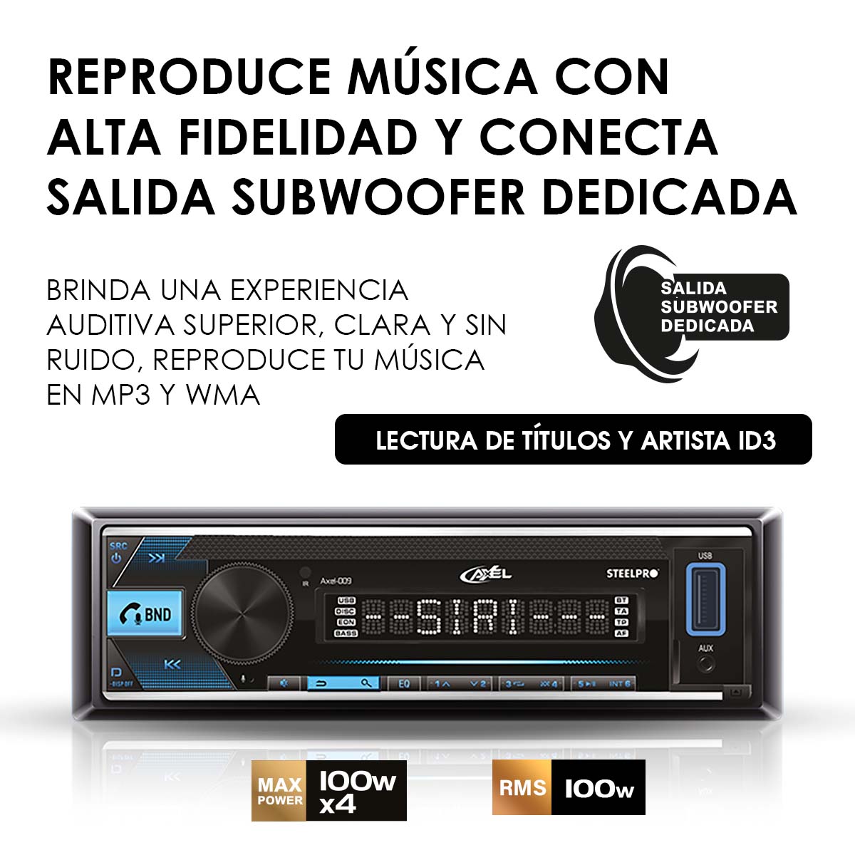 Autoestéreo 1 Din Axel AXEL-009 Bluetooth App 100W x4 USB RCA Subwoofer Carátula Desmontable