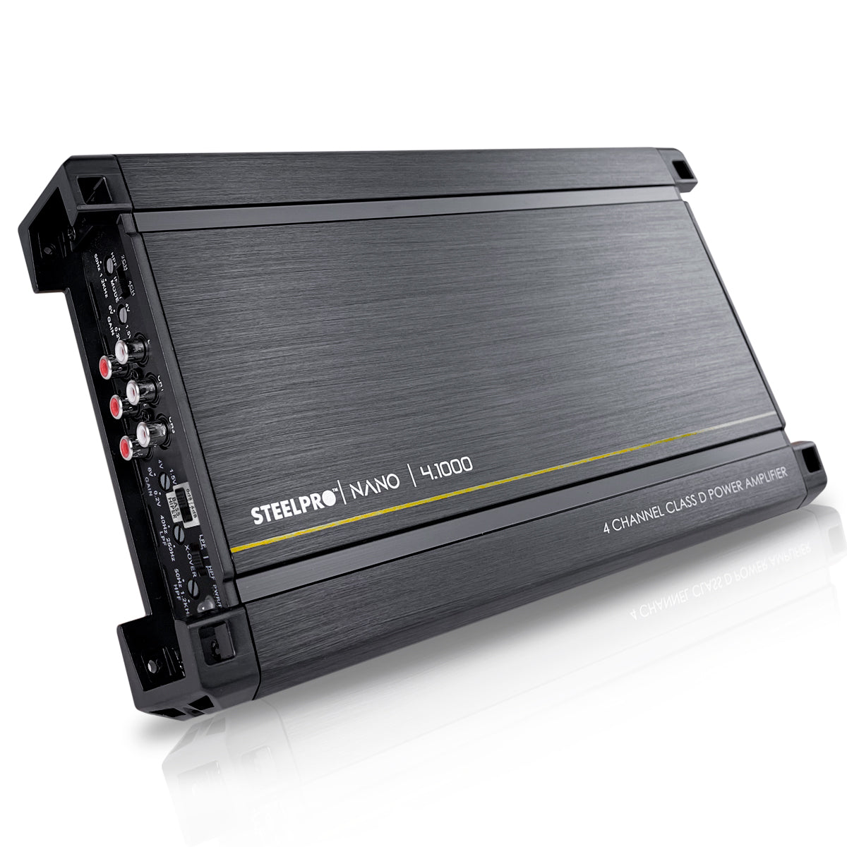 Amplificador Nano 4.1000 4 Canales Steelpro , para Bocinas/Medios Rangos , Full Range 4/2 Ohms Estable, Alto Rendimiento Open SHOW Crossover HPF/LPF/ FULL, Modo Bridge para bajos / Bass Boost 6dB