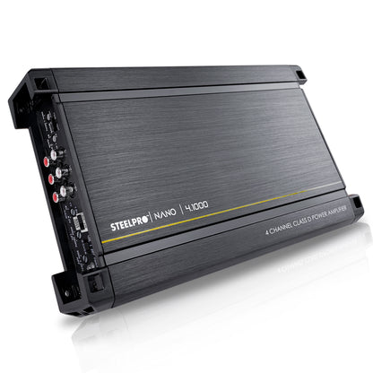 Amplificador Nano 4.1000 4 Canales Steelpro , para Bocinas/Medios Rangos , Full Range 4/2 Ohms Estable, Alto Rendimiento Open SHOW Crossover HPF/LPF/ FULL, Modo Bridge para bajos / Bass Boost 6dB