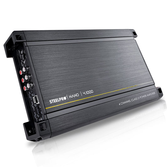 Amplificador Nano 4.1000 4 Canales Steelpro , para Bocinas/Medios Rangos , Full Range 4/2 Ohms Estable, Alto Rendimiento Open SHOW Crossover HPF/LPF/ FULL, Modo Bridge para bajos / Bass Boost 6dB