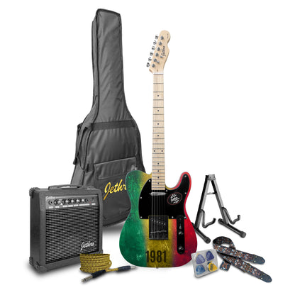 074-SK Kit Guitarra Eléctrica Green Yellow Red Con Amplificador 20W y Accesorios Para Diestros Jethro By Steelpro