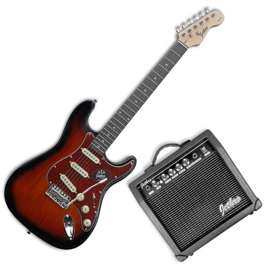 021-SK Kit Guitarra Eléctrica Ash Burl 3 Tone Sunburst Con Amplificador 20W y Accesorios Para Diestros Jethro By Steelpro