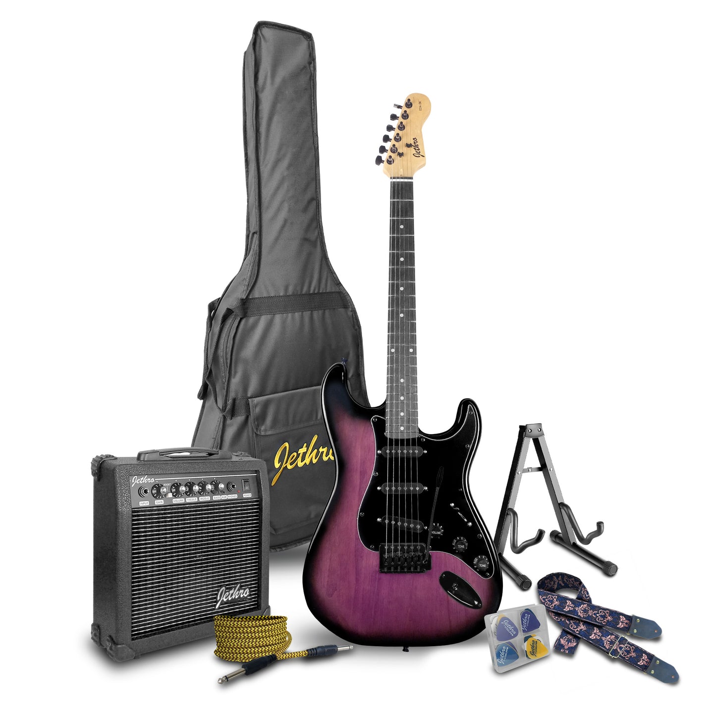 024-SK Kit Guitarra Eléctrica Purple Burst Con Amplificador 20W y Accesorios Para Diestros Jethro By Steelpro