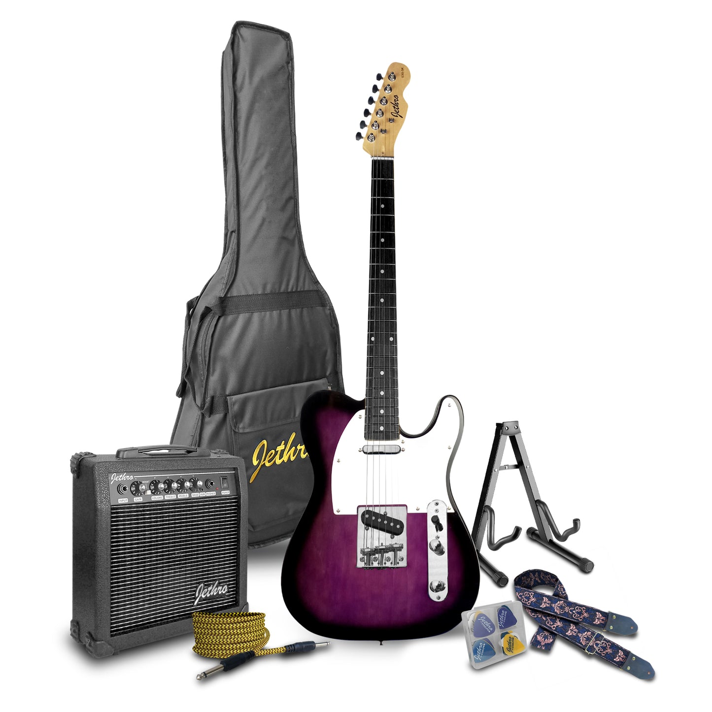 030-SK Kit Guitarra Eléctrica Purple Burst Con Amplificador 20W y Accesorios Para Diestros Jethro By Steelpro