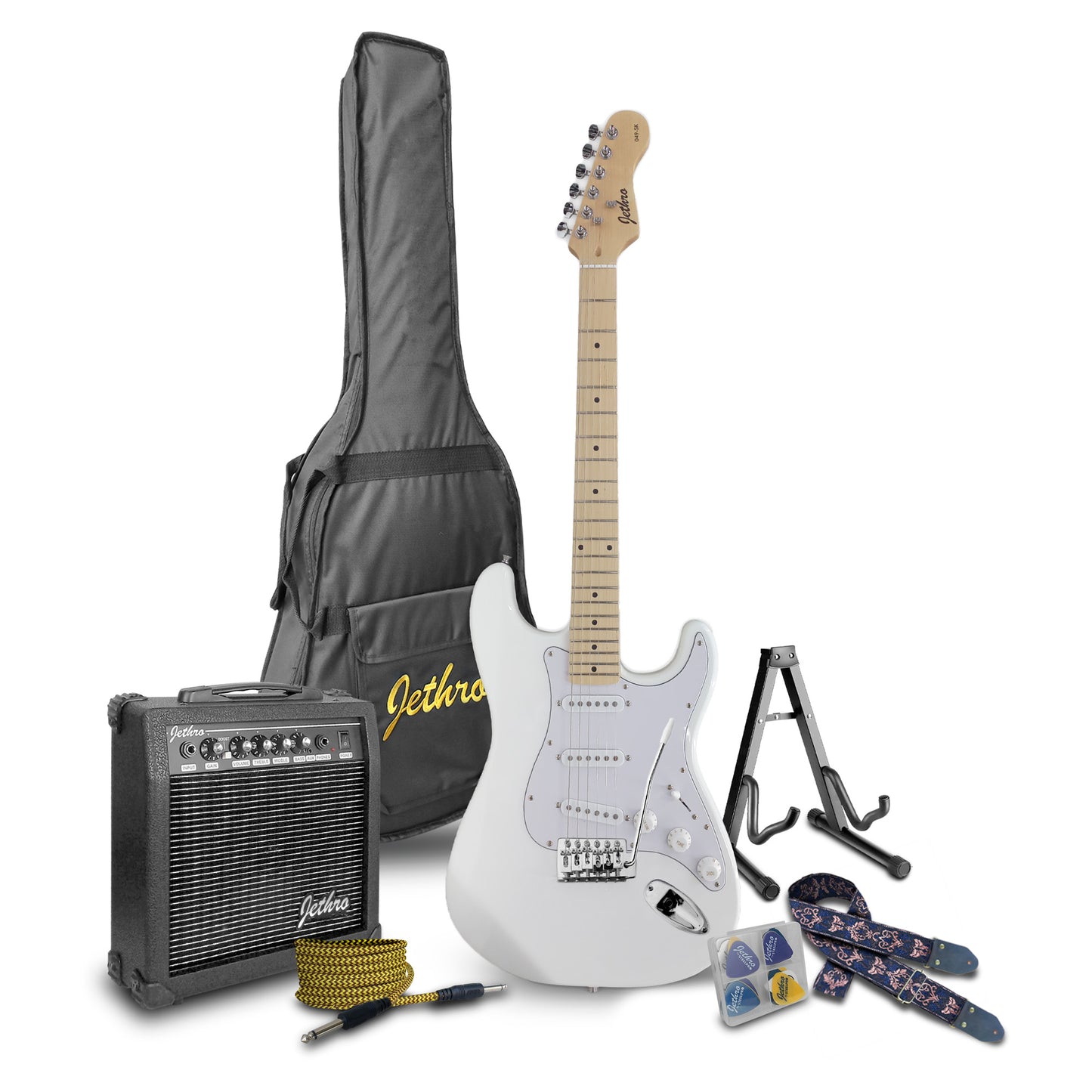 049-SK Kit Guitarra Eléctrica White Con Amplificador 20W y Accesorios Para Diestros Jethro By Steelpro