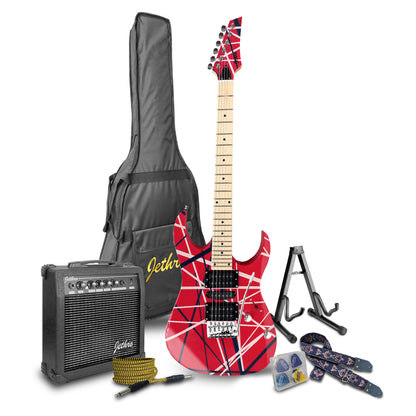 047-SK Kit Guitarra Eléctrica Red/White Strip Con Amplificador 20W y Accesorios Para Diestros Jethro By Steelpro