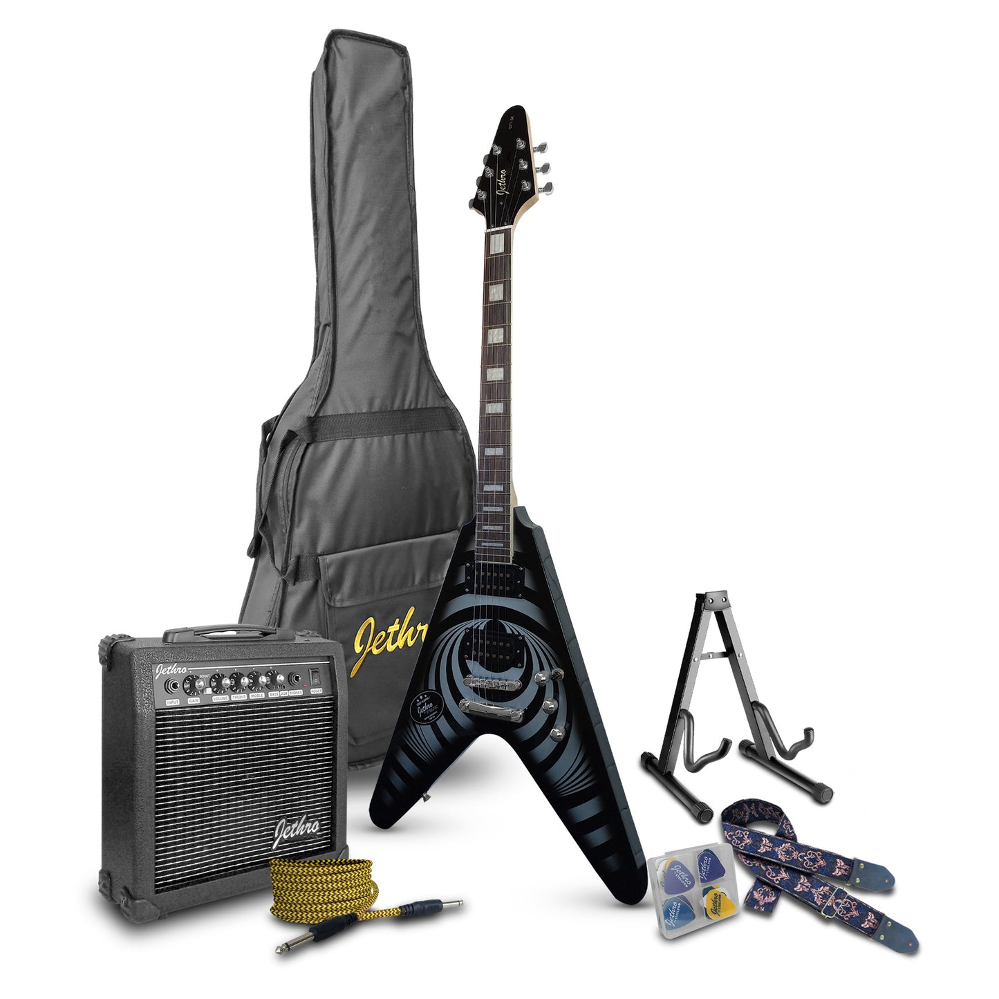 071-SK Kit Guitarra Eléctrica Psycho Burst Con Amplificador 20W y Accesorios Para Diestros Jethro By Steelpro