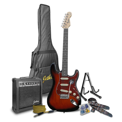 021-SK Kit Guitarra Eléctrica Ash Burl 3 Tone Sunburst Con Amplificador 20W y Accesorios Para Diestros Jethro By Steelpro
