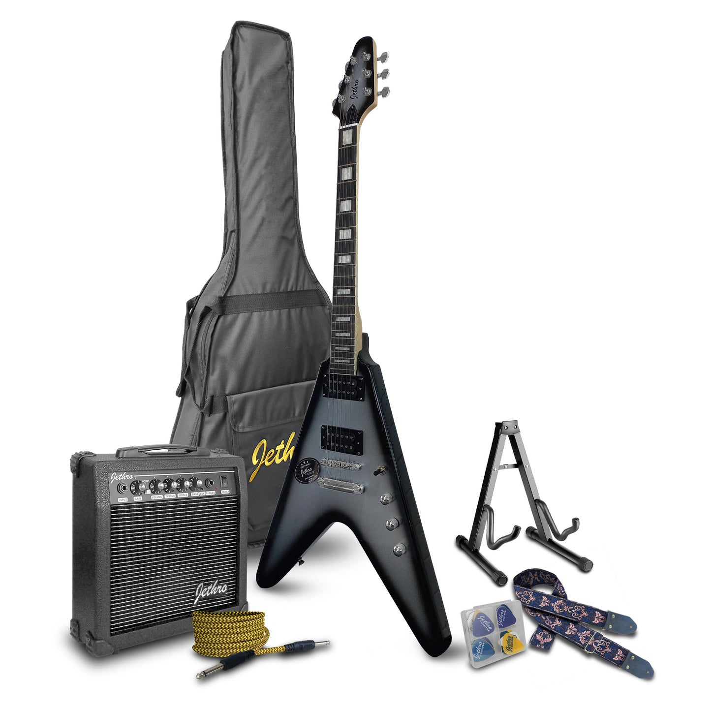 056-SK Kit Guitarra Eléctrica Silver Burst Con Amplificador 20W y Accesorios Para Diestros Jethro By Steelpro
