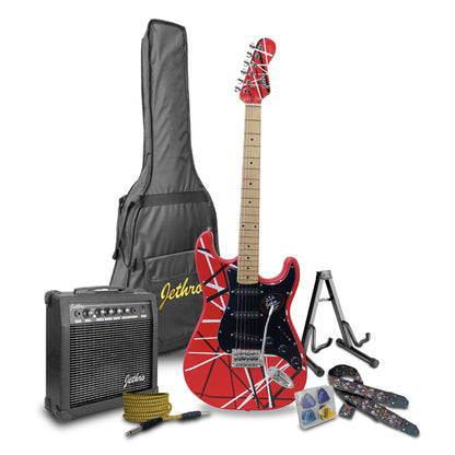 075-SK Kit Guitarra Eléctrica Red/White Strip Con Amplificador 20W y Accesorios Para Diestros Jethro By Steelpro