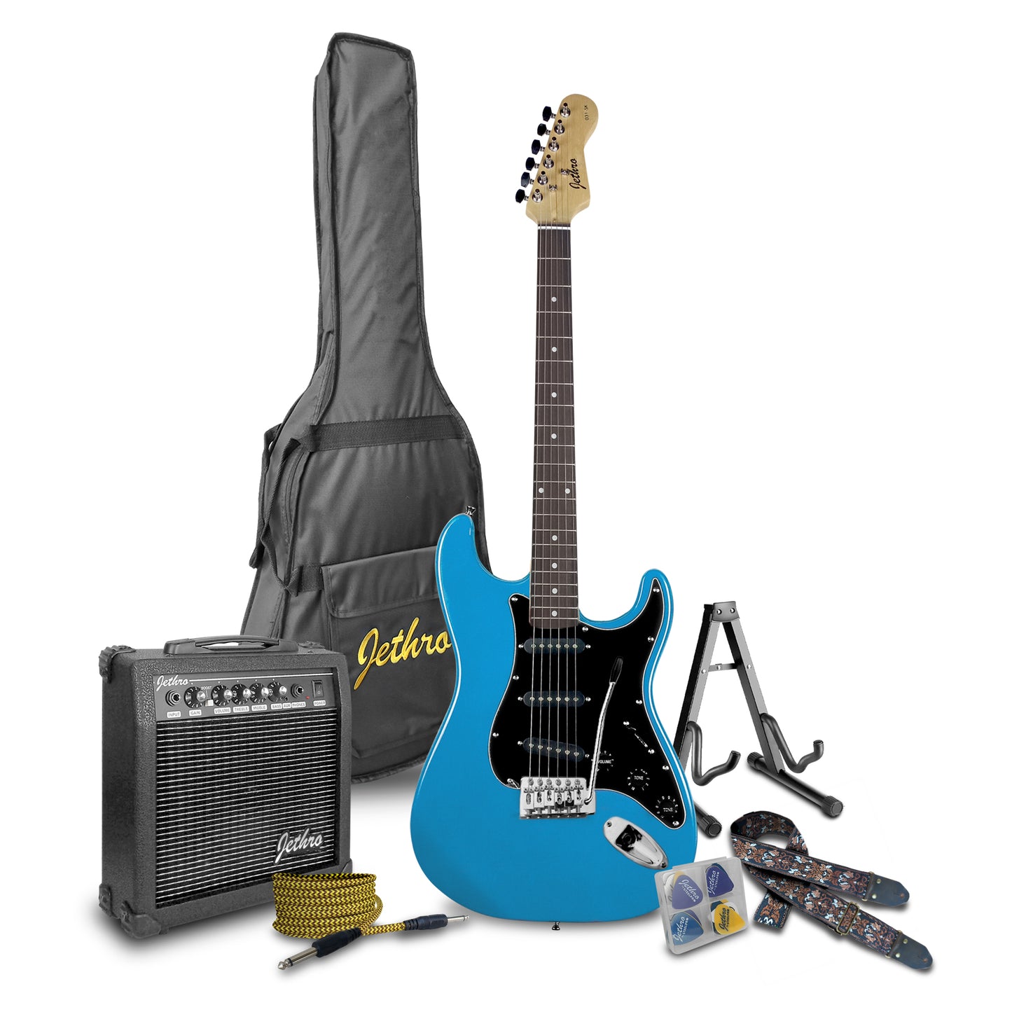 031-SK Kit Guitarra Eléctrica Daphne Blue Con Amplificador 20W y Accesorios Para Diestros Jethro By Steelpro