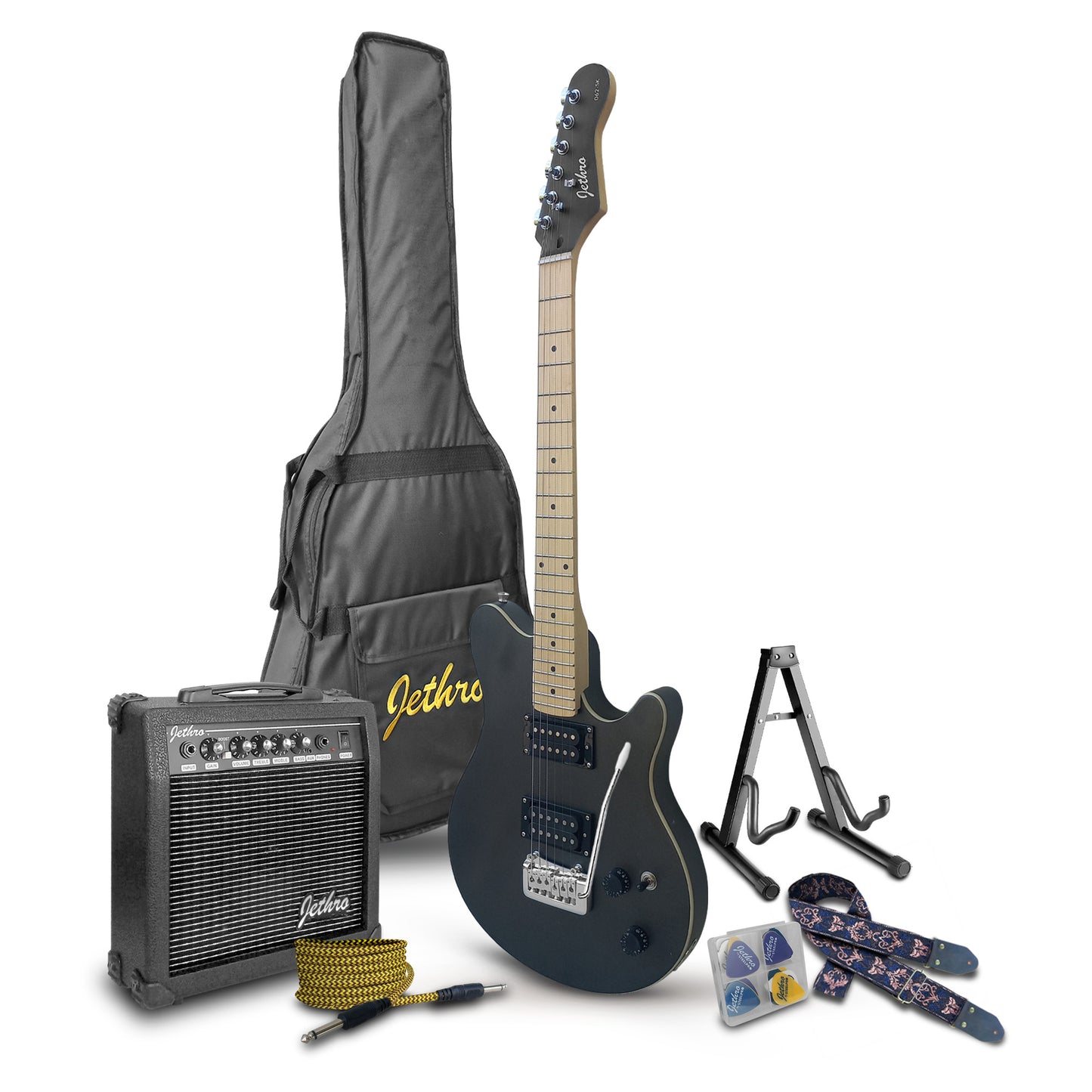 062-SK Kit Guitarra Eléctrica Black Satin Silver Powder Con Amplificador 20W y Accesorios Para Diestros Jethro By Steelpro