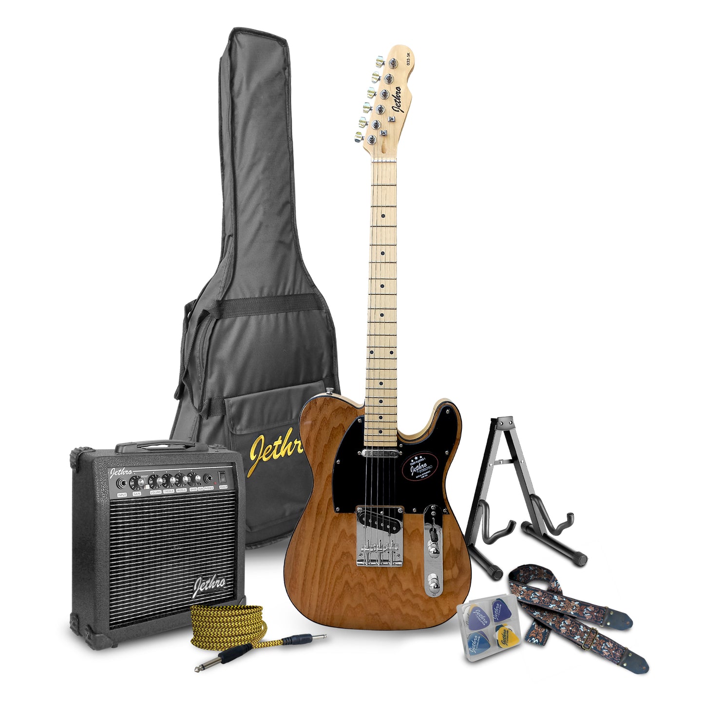 033-SK Kit Guitarra Eléctrica Ash Burl Top Con Amplificador 20W y Accesorios Para Diestros Jethro By Steelpro