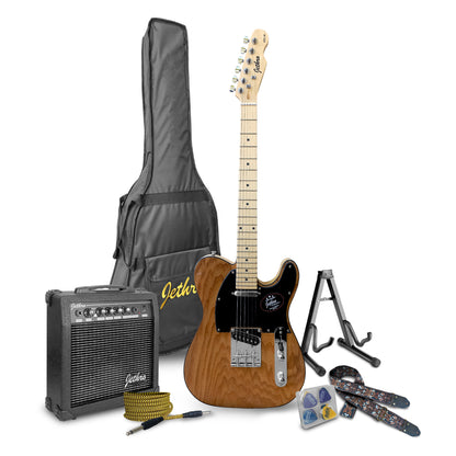 033-SK Kit Guitarra Eléctrica Ash Burl Top Con Amplificador 20W y Accesorios Para Diestros Jethro By Steelpro