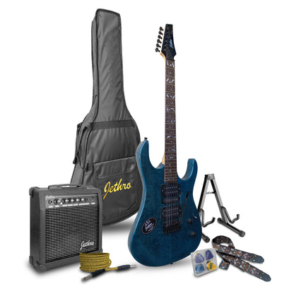 043-SK Kit Guitarra Eléctrica Quilted Blue Con Amplificador 20W y Accesorios Para Diestros Jethro By Steelpro