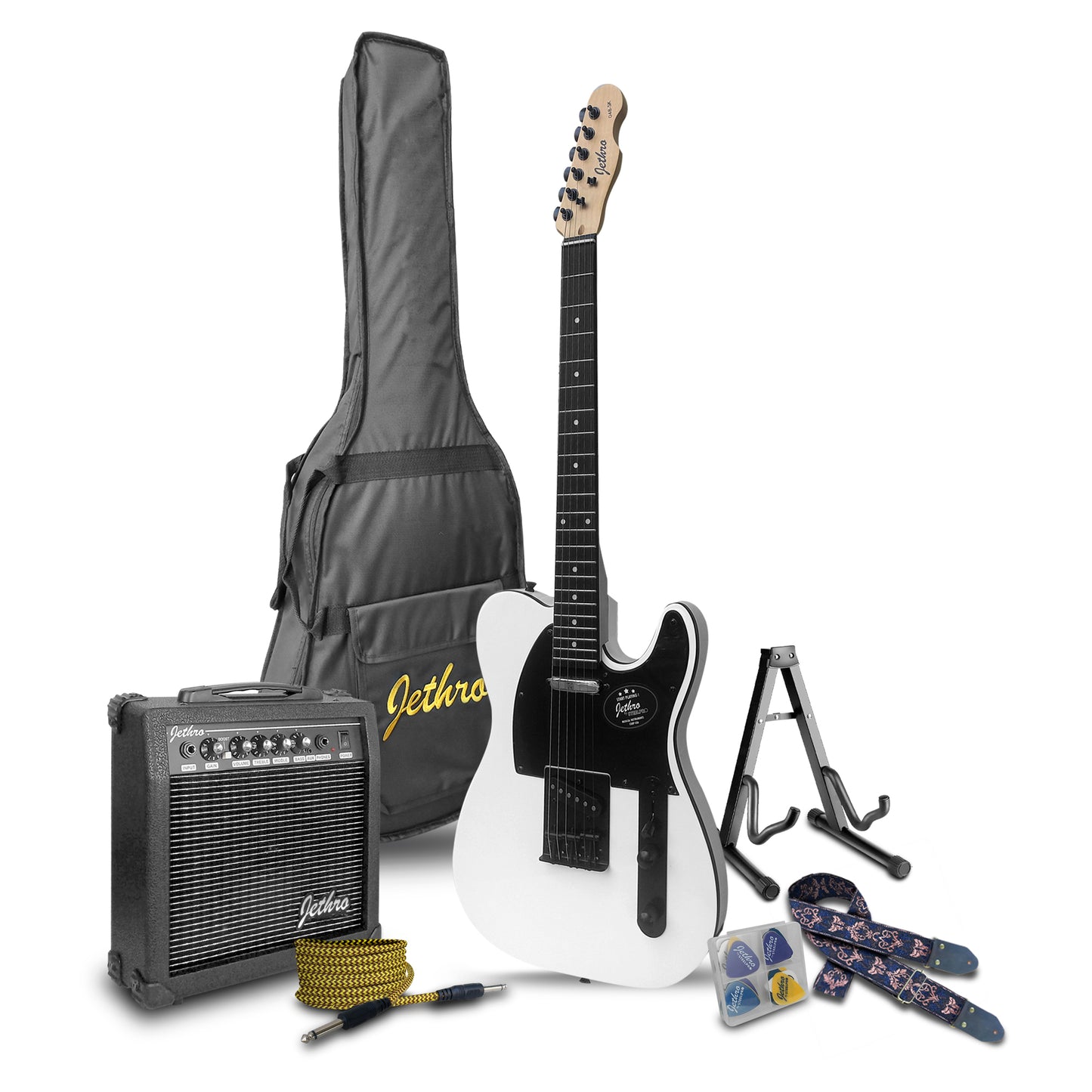 048-SK Kit Guitarra Eléctrica White Con Amplificador 20W y Accesorios Para Diestros Jethro By Steelpro