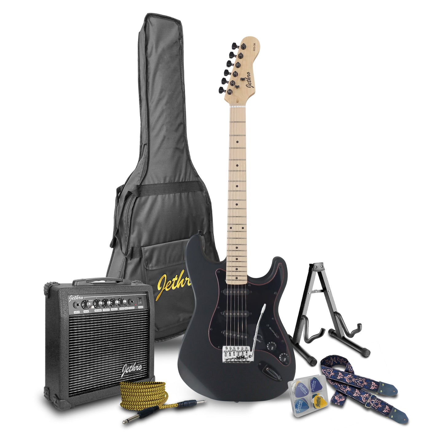 025-SK Kit Guitarra Eléctrica Black Satin Con Amplificador 20W y Accesorios Para Diestros Jethro By Steelpro