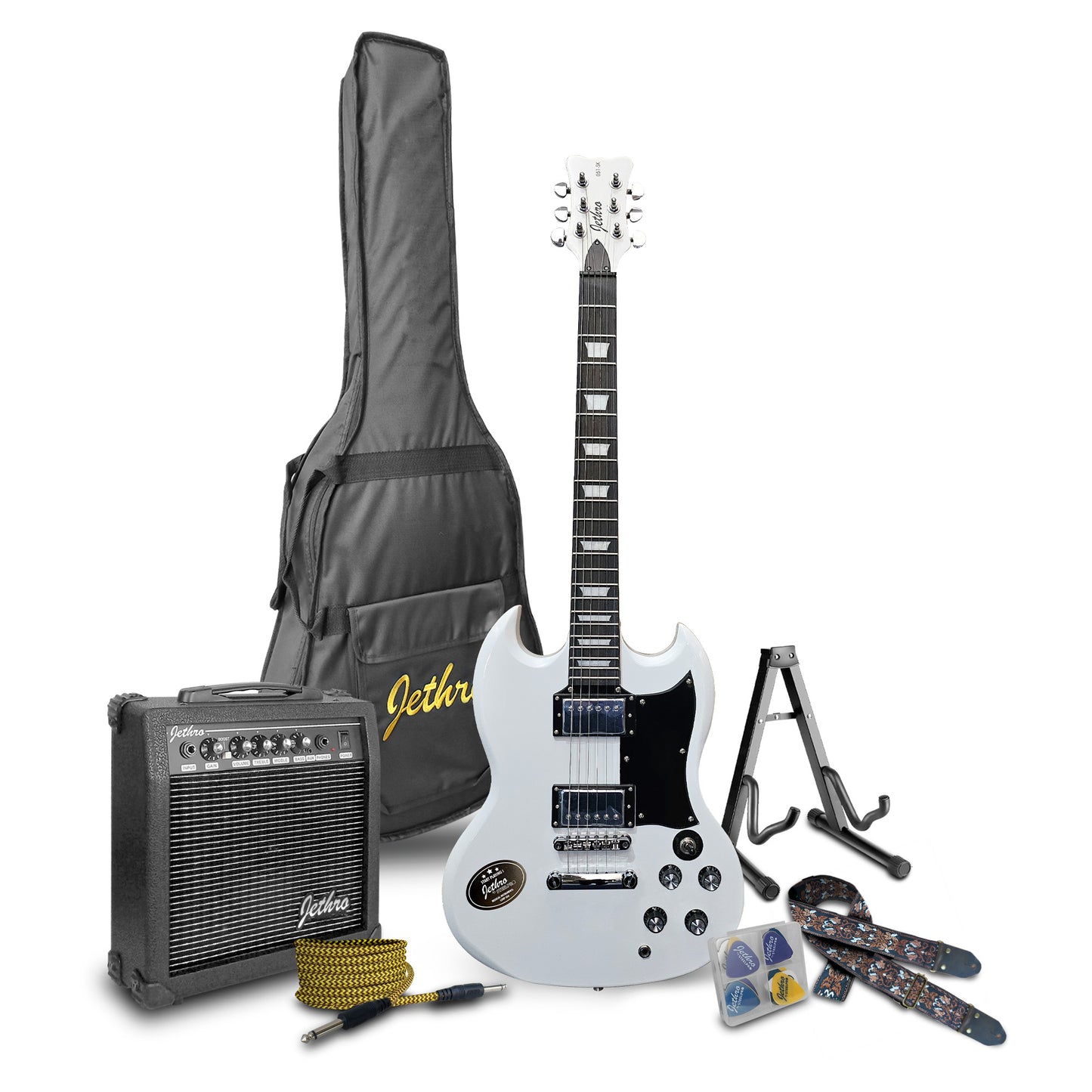 051-SK Kit Guitarra Eléctrica White Con Amplificador 20W y Accesorios Para Diestros Jethro By Steelpro
