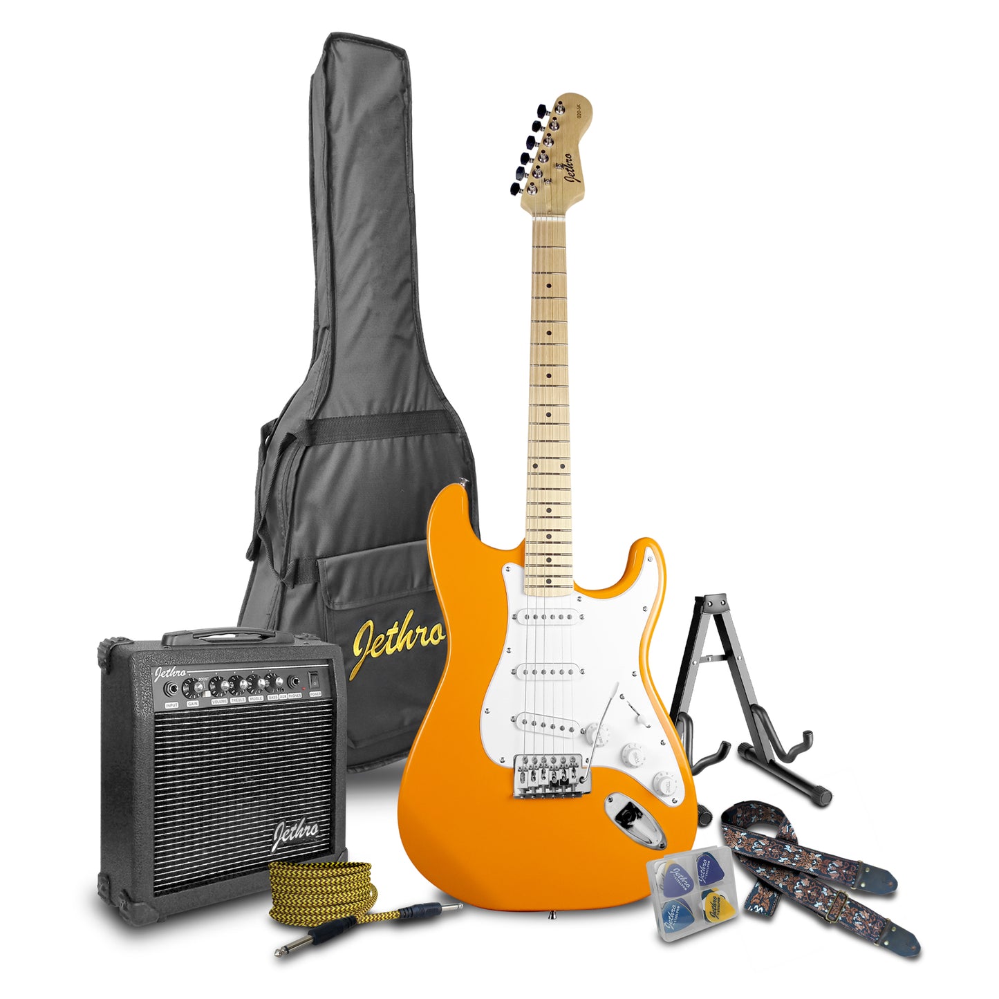 020-SK Kit Guitarra Eléctrica Orange Con Amplificador 20W y Accesorios Para Diestros Jethro By Steelpro