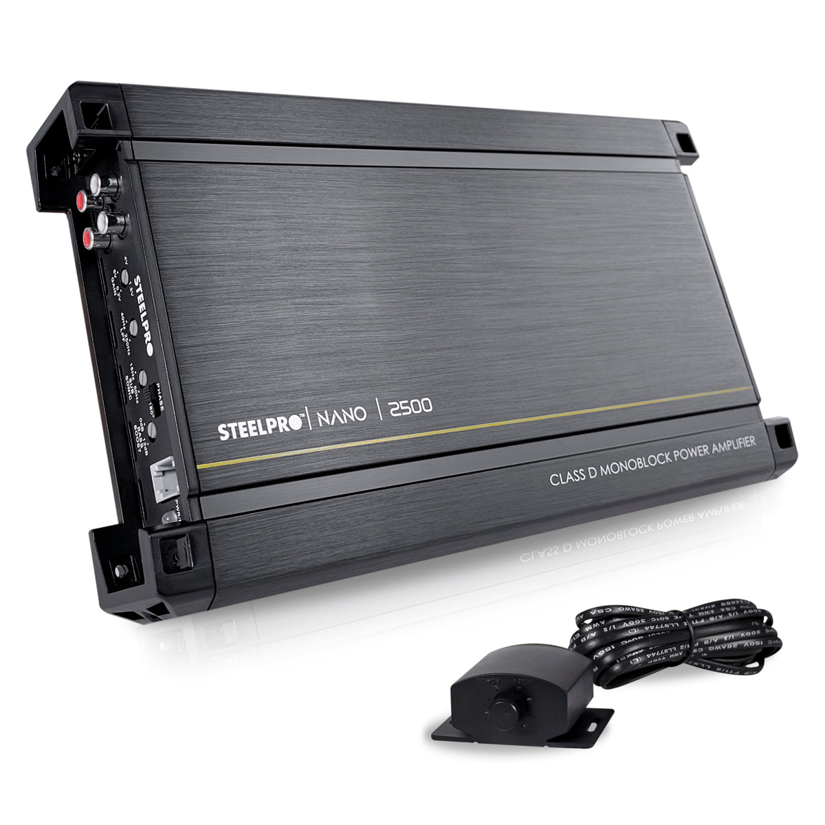 Amplificador Nano2500 Clase D Steelpro para Subwoofer Monoblock Bass 1900W/900W RMS 1 Ohm estable Alto Rendimiento Open Show, LPF, Bass Boost 12 dB,Filtro Subsonico, Fase Variable, Control de Bajos