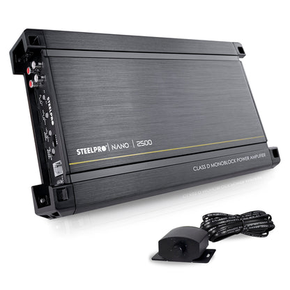 Amplificador Nano2500 Clase D Steelpro para Subwoofer Monoblock Bass 1900W/900W RMS 1 Ohm estable Alto Rendimiento Open Show, LPF, Bass Boost 12 dB,Filtro Subsonico, Fase Variable, Control de Bajos