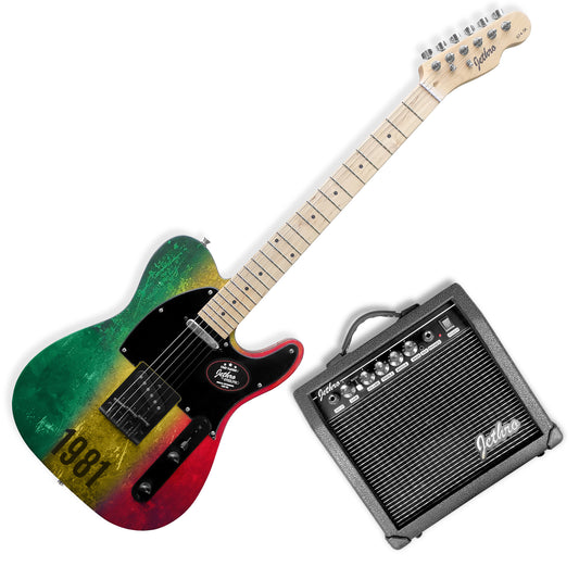 074-SK Kit Guitarra Eléctrica Green Yellow Red Con Amplificador 20W y Accesorios Para Diestros Jethro By Steelpro