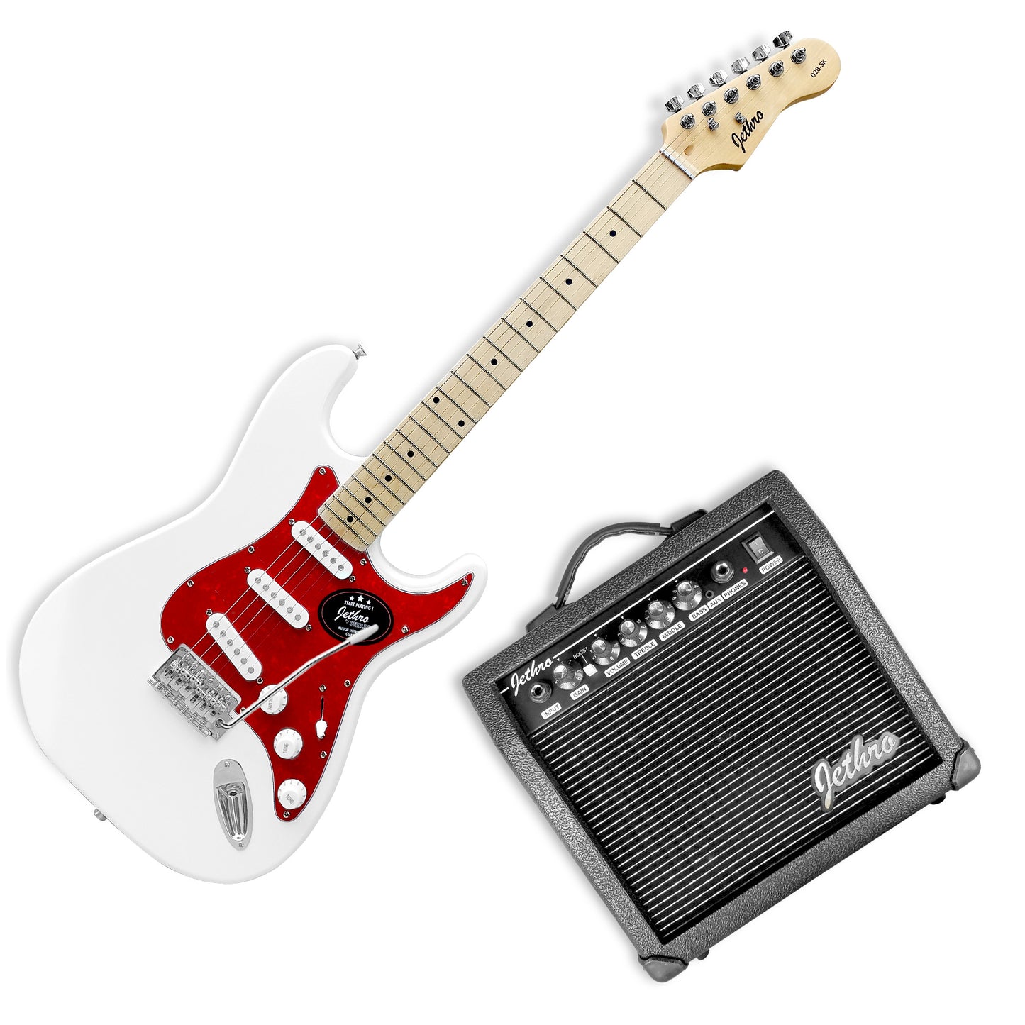 028-SK Kit Guitarra Eléctrica White Con Amplificador 20W y Accesorios Para Diestros Jethro By Steelpro