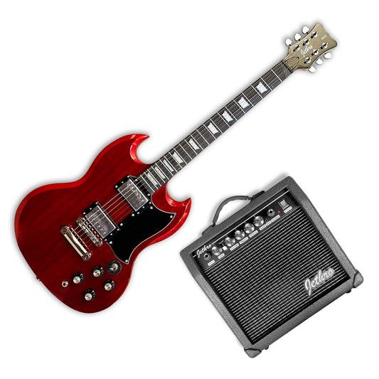 050-SK Kit Guitarra Eléctrica Transparent Red Sapele Veneer Con Amplificador 20W y Accesorios Para Diestros Jethro By Steelpro