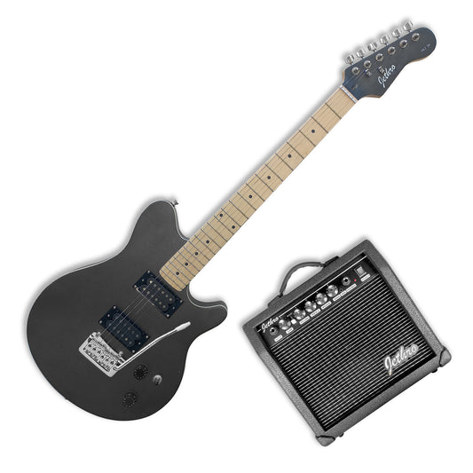062-SK Kit Guitarra Eléctrica Black Satin Silver Powder Con Amplificador 20W y Accesorios Para Diestros Jethro By Steelpro