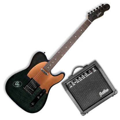 063-SK Kit Guitarra Eléctrica AAA Flamed Black/White Con Amplificador 20W y Accesorios Para Diestros Jethro By Steelpro