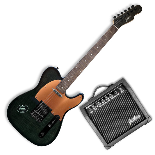063-SK AAA Flamed Black White Kit Guitarra Eléctrica Con Amplificador 20W Funda Atril Cable Profesional Para Diestros Jethro By Steelpro