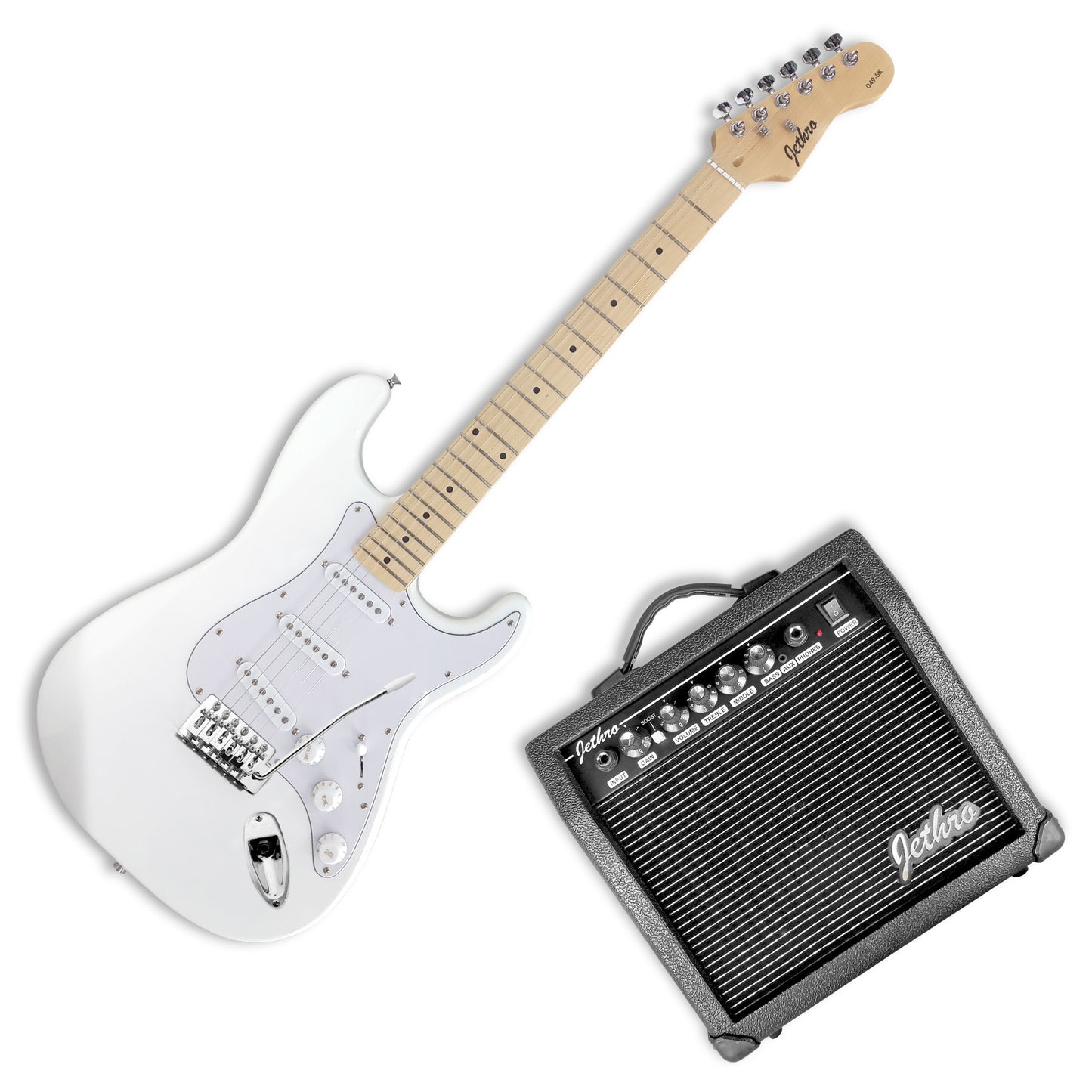 049-SK Kit Guitarra Eléctrica White Con Amplificador 20W y Accesorios Para Diestros Jethro By Steelpro