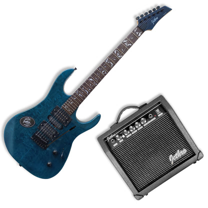 043-SK Kit Guitarra Eléctrica Quilted Blue Con Amplificador 20W y Accesorios Para Diestros Jethro By Steelpro