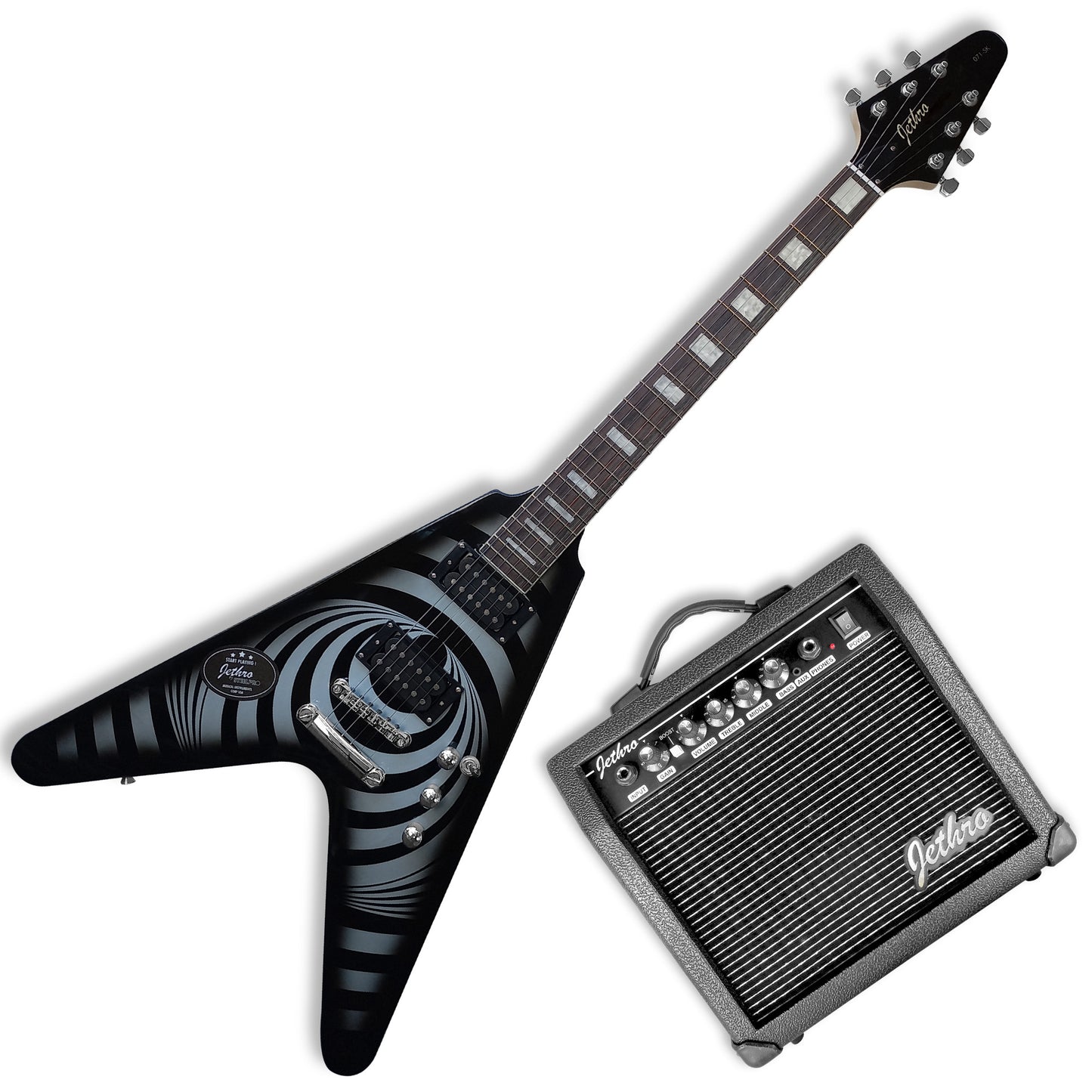 071-SK Kit Guitarra Eléctrica Psycho Burst Con Amplificador 20W y Accesorios Para Diestros Jethro By Steelpro