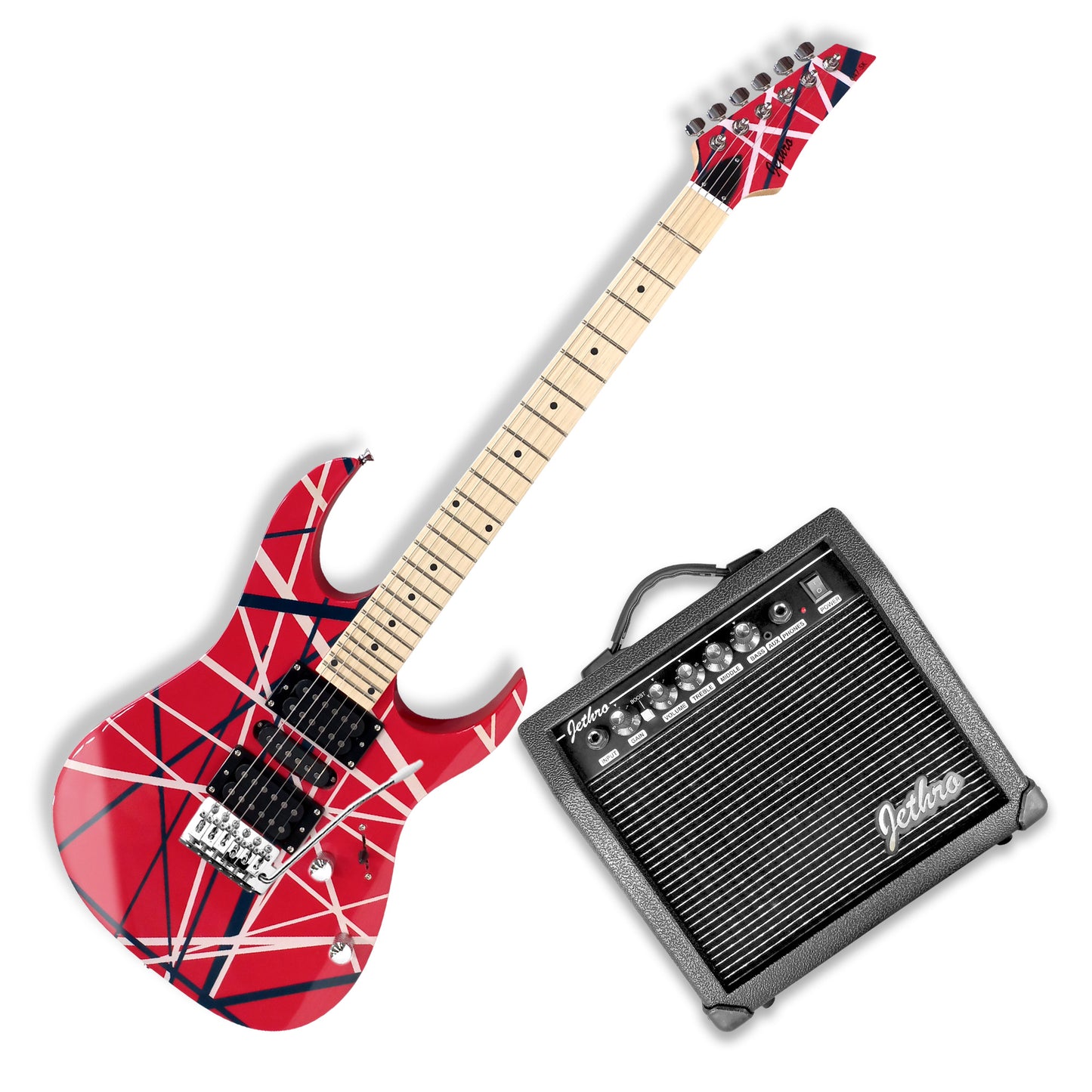 047-SK Kit Guitarra Eléctrica Red/White Strip Con Amplificador 20W y Accesorios Para Diestros Jethro By Steelpro