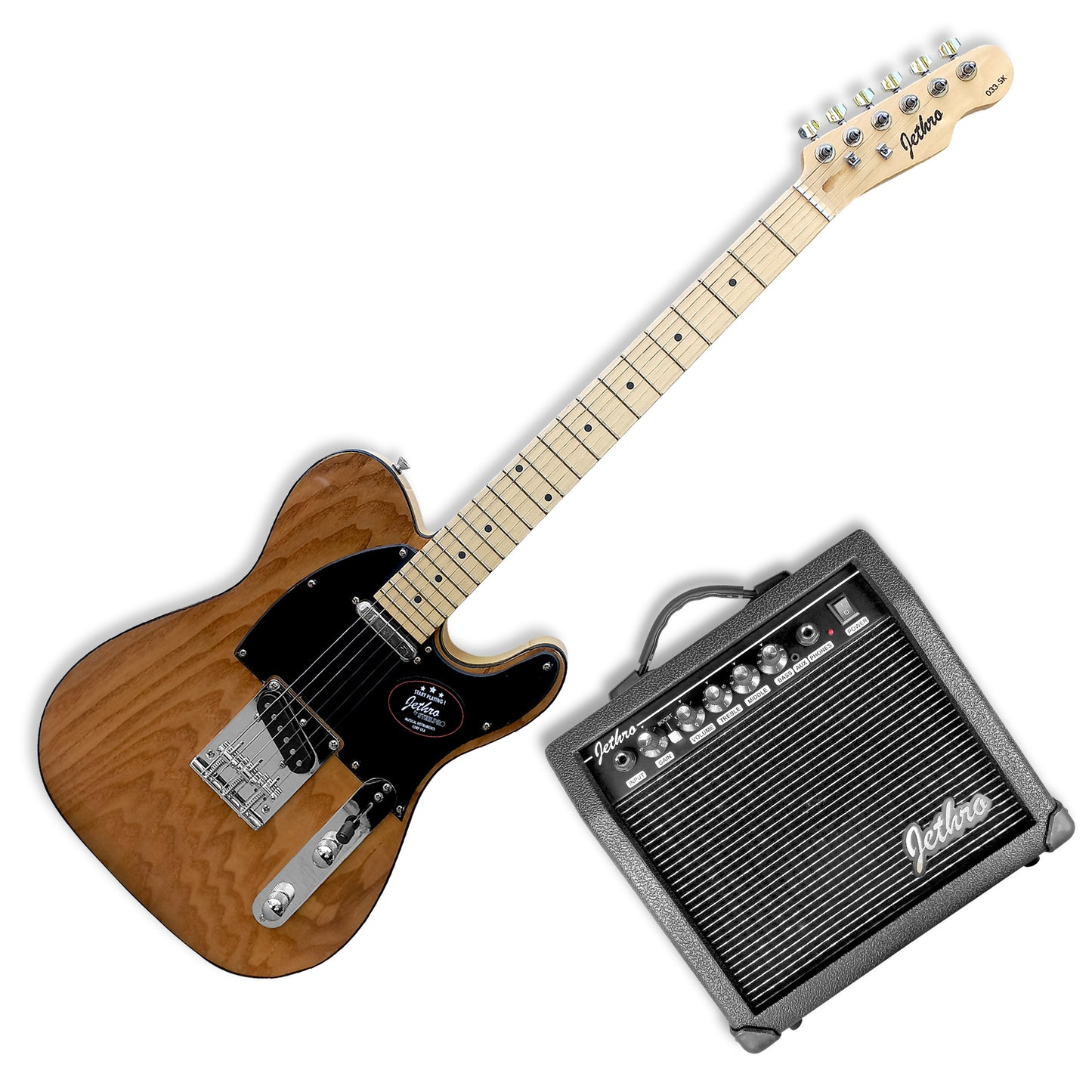 033-SK Kit Guitarra Eléctrica Ash Burl Top Con Amplificador 20W y Accesorios Para Diestros Jethro By Steelpro