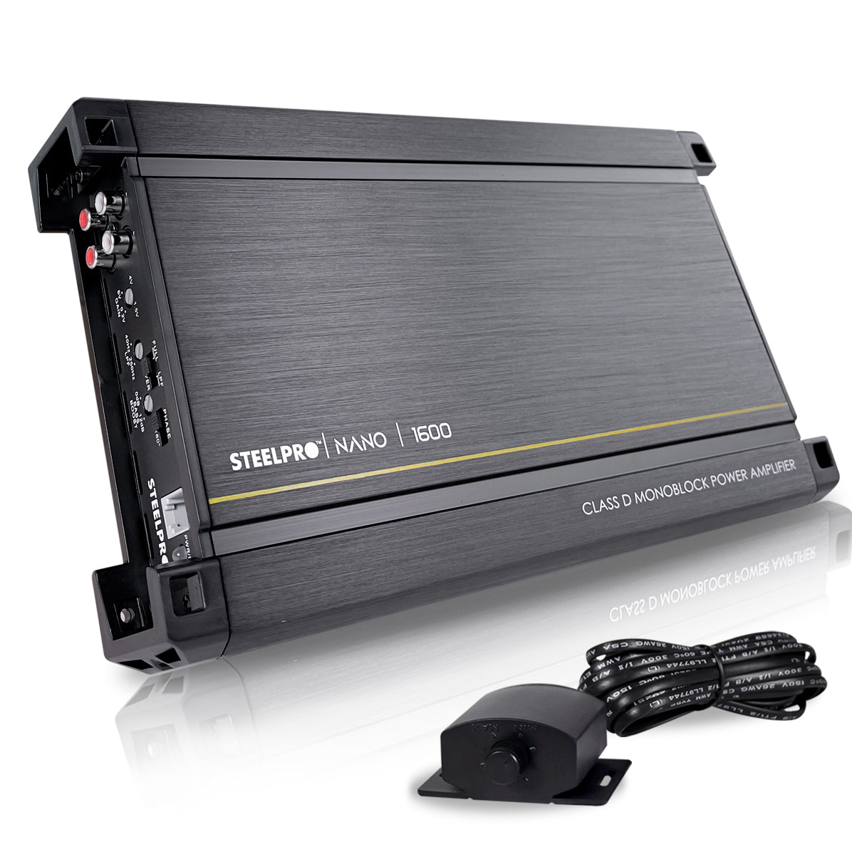 Amplificador Nano 1600 Steelpro para Subwoofer Monoblock Bass 1600W MAX 2 Ohm estable Alto Rendimiento Open Show, Crossover LPF/FULL, Bass Boost 12 dB, Fase Variable, Control de Bajos