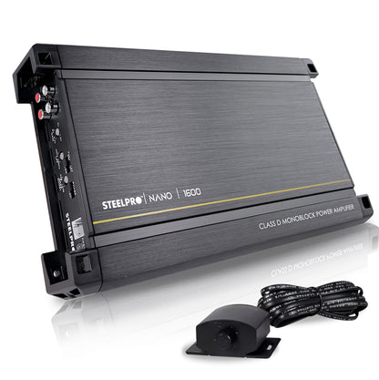 Amplificador Nano 1600 Steelpro para Subwoofer Monoblock Bass 1600W MAX 2 Ohm estable Alto Rendimiento Open Show, Crossover LPF/FULL, Bass Boost 12 dB, Fase Variable, Control de Bajos