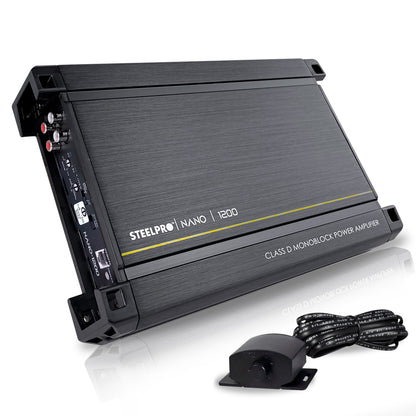Amplificador  Nano 1200  Steelpro para Subwoofer  Monoblock Bass 1200W MAX 2  Ohm estable Alto Rendimiento Open Show, Crossover LPF/FULL, Bass Boost 12 dB, Fase Variable, Control de Bajos