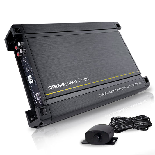 Amplificador  Nano 1200  Steelpro para Subwoofer  Monoblock Bass 1200W MAX 2  Ohm estable Alto Rendimiento Open Show, Crossover LPF/FULL, Bass Boost 12 dB, Fase Variable, Control de Bajos