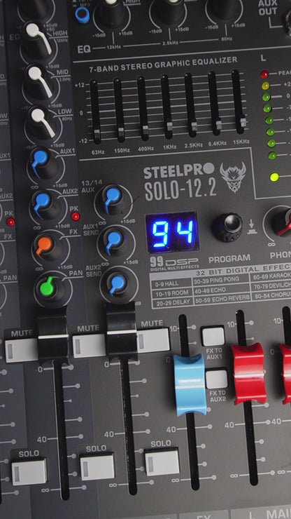 SOLO-12.2 Mezcladora Profesional 12 Canales Dsp Voz De Diablo Y Voz De Ardilla Steelpro