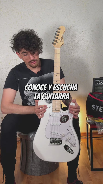 049-SK White Kit Guitarra Eléctrica Con Amplificador 20W Funda Atril Cable Profesional Para Diestros Jethro By Steelpro