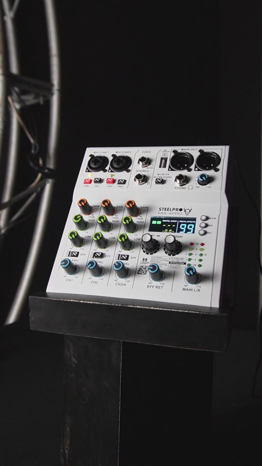 Mezcladora 4 Canales Dsp 99 Efectos Pro Bluetooth /usb Analogica Color Blanco Voz De Diablo Y Voz De Ardilla Steelpro