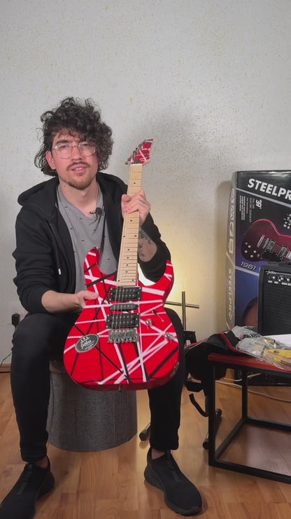 047-SK Kit Guitarra Eléctrica Red/White Strip Con Amplificador 20W y Accesorios Para Diestros Jethro By Steelpro