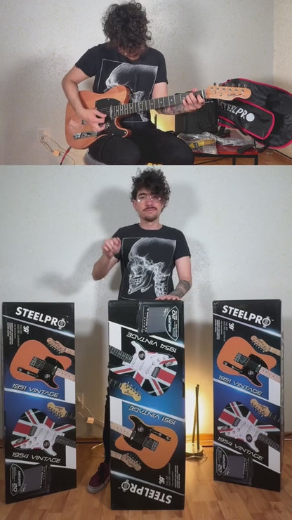 033-SK Kit Guitarra Eléctrica Ash Burl Top Con Amplificador 20W y Accesorios Para Diestros Jethro By Steelpro