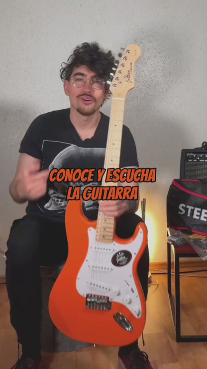 020-SK Orange Kit Guitarra Eléctrica Con Amplificador 20W Funda Atril Cable Profesional Para Diestros Jethro By Steelpro