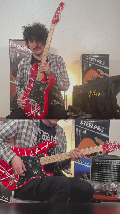075-SK Kit Guitarra Eléctrica Red/White Strip Con Amplificador 20W y Accesorios Para Diestros Jethro By Steelpro