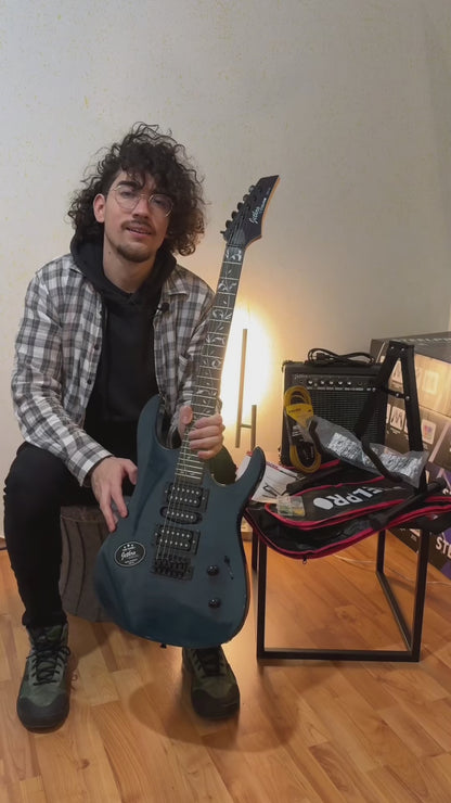 043-SK Quilted Blue Kit Guitarra Eléctrica Con Amplificador 20W Funda Atril Cable Profesional Para Diestros Jethro By Steelpro