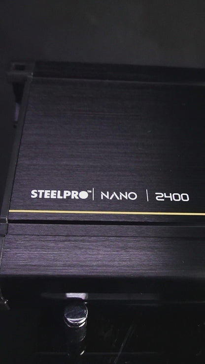 Amplificador Nano 2400 Clase D Steelpro para Subwoofer Monoblock Bass 2400W MAX 1 Ohm estable Alto Rendimiento Open Show, LPF, Bass Boost 12 dB,Filtro Subsonico, Fase Variable, Control de Bajos
